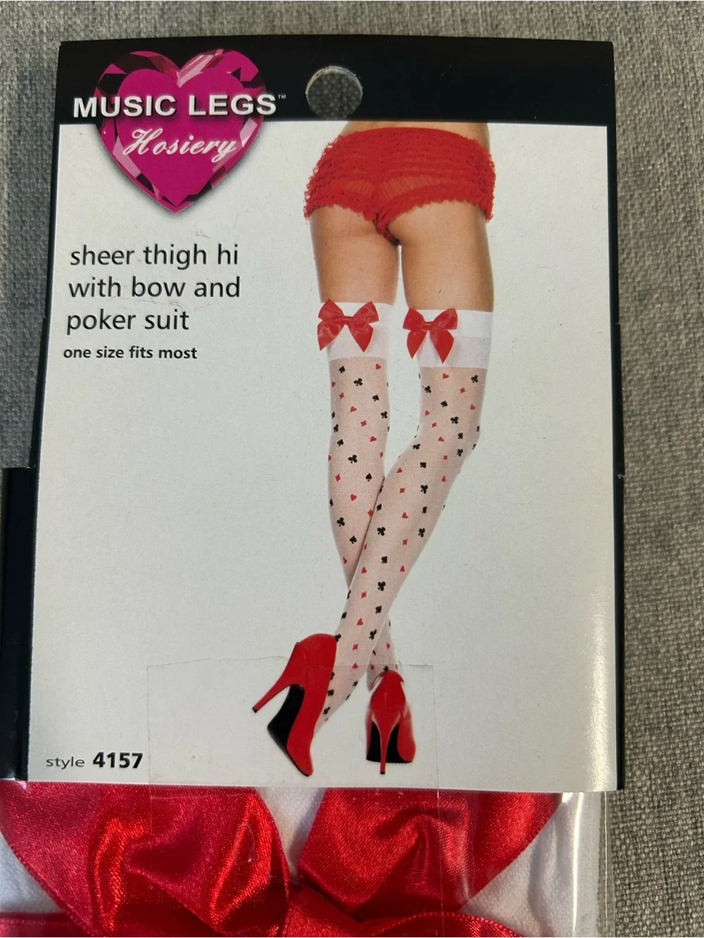 Music Legs White Sheer Thigh-High Stockings with Red Bow